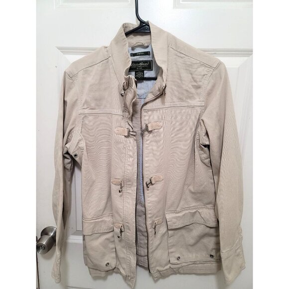 Eddie Bauer Beige Cotton Jacket With Metal Toggle Closures Multiple Pockets Size - Picture 10 of 15